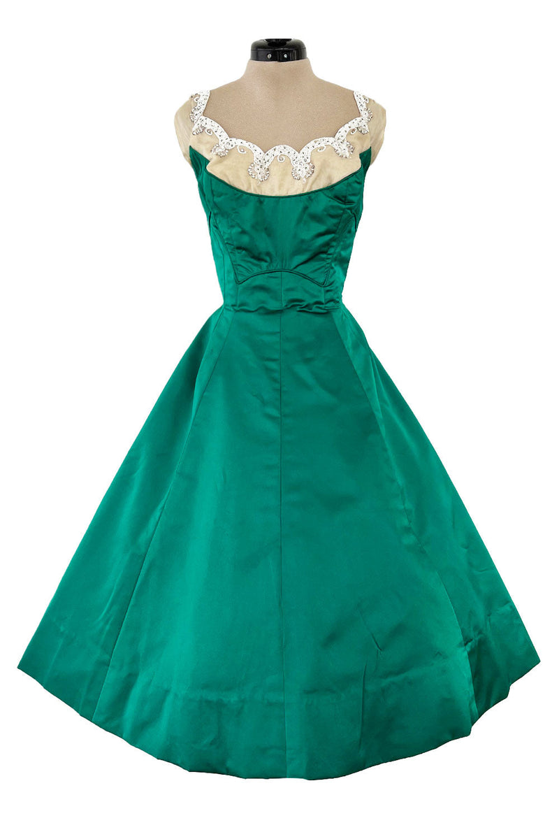 Pretty Little 1950s Jobere New York Brilliant Green Silk Satin Dress w Bead & Rhinestone Detail