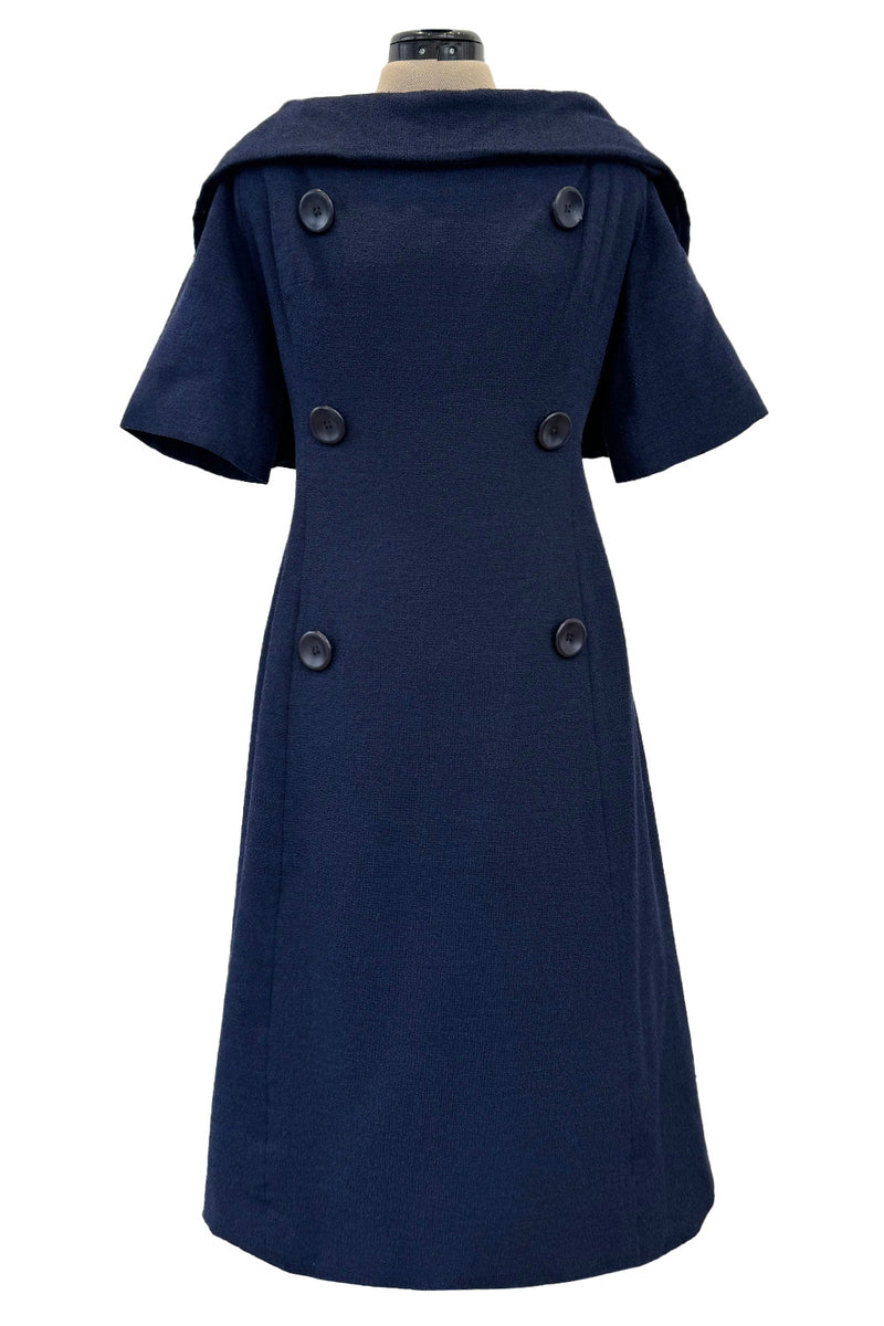 Late 1950s Christian Dior London by Marc Bohan Numbered Blue Shift Dress w Button Detailing