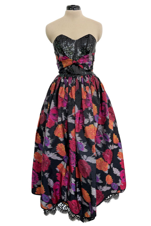 Stunning c 1990 Geoffrey Beene Strapless Sequin Bodice & Floral Silk Taffeta Dress w Shawl