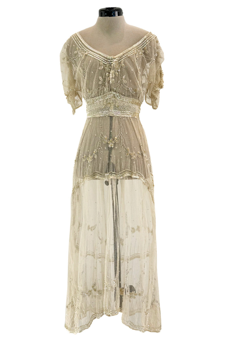 Beautiful 1910 Unlabeled Heirloom Ivory Net Wedding Dress w Elaborate Sequin & Bead Work