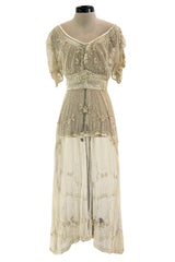 Beautiful 1910 Unlabeled Heirloom Ivory Net Wedding Dress w Elaborate Sequin & Bead Work
