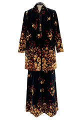 Incredible c. 1972 Original Valentino Three Piece Acorn Print Silk Top, Velvet Skirt & Jacket Set