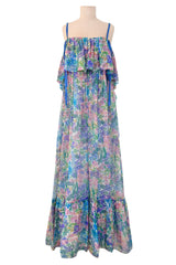 Spectacular Spring 1978 Christian Dior by Marc Bohan Blue Floral Silk Chiffon Dress w Ribbon Straps