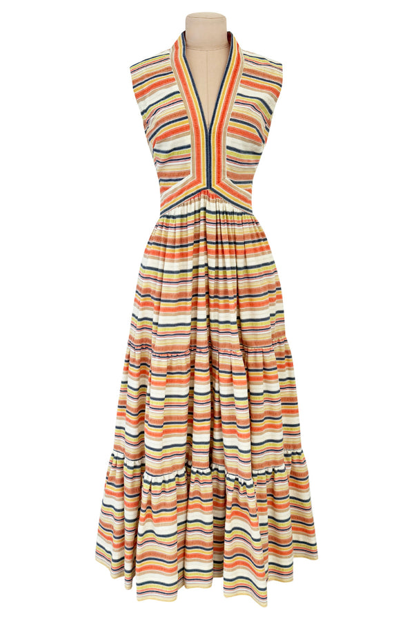Prettiest 1970s Victor Costa Striped Waffle Weave Cotton Dress w Citrus Coloured Stripes & Full Skirt