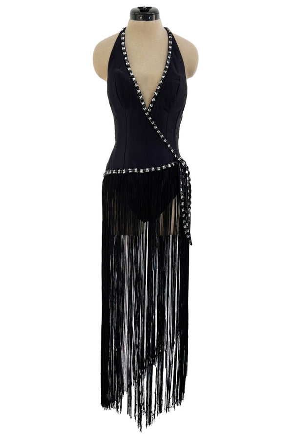 Early 1970s Bob Mackie Unusual Fringed Shaped Bodysuit Showgirl Costume Dress Piece