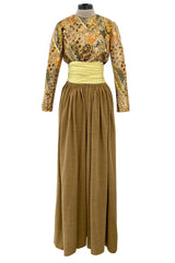 1970s Madame Gres Haute Couture Wide Leg Pant Set w Metallic Gold Part Open Tie Top