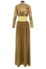 Fall 1970 Madame Gres Haute Couture Wide Leg Pant w Metallic Partially Open Tie Top Set
