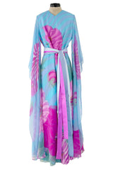 Dreamy c. 1969 Hanae Mori Couture Printed Silk Chiffon Jumpsuit w Floor Length Angel Sleeves