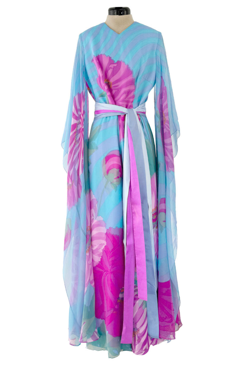 Dreamy c. 1969 Hanae Mori Couture Printed Silk Chiffon Jumpsuit w Floor Length Angel Sleeves