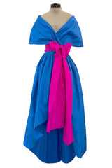 Prettiest 1980s Adele Simpson Blue Silk Plunge Wrap Dress w Brillaint Pink Sash & Caped Shoulders
