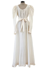 Amazing 1970s Yves Saint Laurent Silk Ivory Full Tent Dress w Belt, Ruffled Edges & Full Sleeves