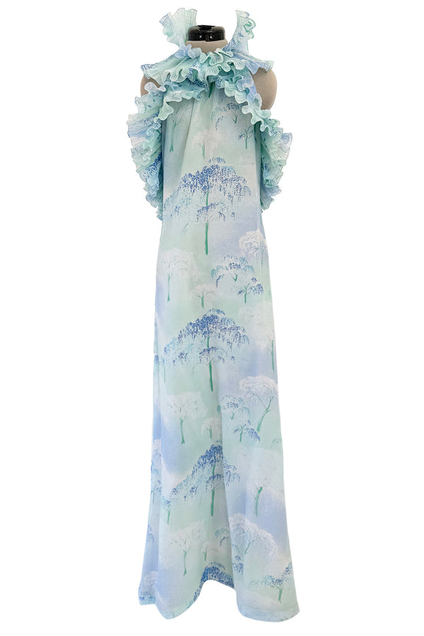Dreamy Spring 1974 Lanvin by Jules-Francois Crahay Pale Blue Print Silk Chiffon Ruffle Dress