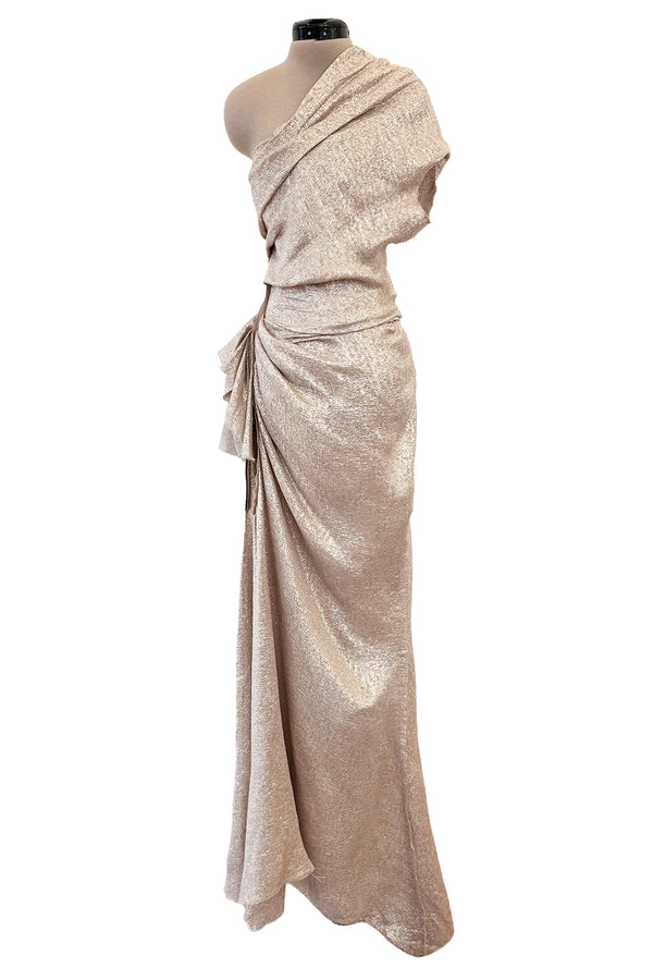 Spectacular Spring 2011 Lanvin by Alber Elbaz Pale Metallic Gold Silver Lame One Shoulder Dress