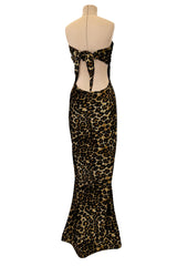 Rare Fall 1989 Patrick Kelly Runway Stretch Velour Leopard Print Dress w Multi-Tie Bodice