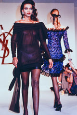 Fall 1987 Yves Saint Laurent Runway Off Shoulder Dress w Metallic Thread & Ruffled Detailing