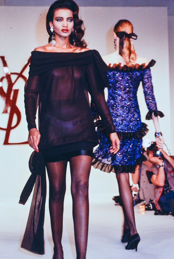 Fall 1987 Yves Saint Laurent Runway Off Shoulder Dress w Metallic Thread & Ruffled Detailing