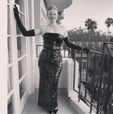 Fantastic 1980s Bob Mackie Strapless Glossy Black Sequin Stretch Dress w Back Kick Skirt