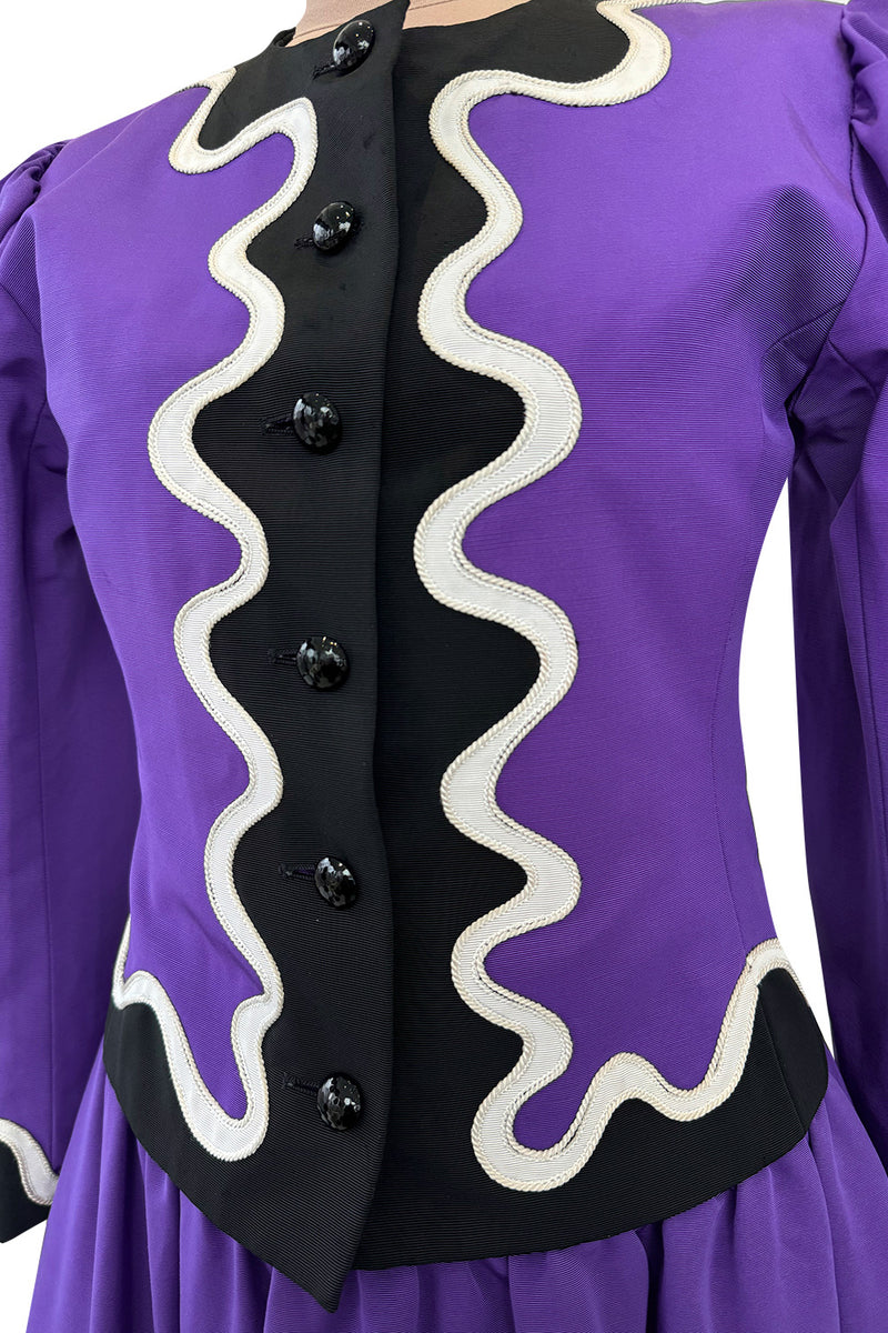 Spring 1980 Yves Saint Laurent  & Ad Campaign Runway Purple Dress & Jacket Set w B&W Detailing