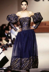 Very Rare Fall 1986 Chanel by Karl Lagerfeld Blue & Gold Strapless w Removable Sleeves