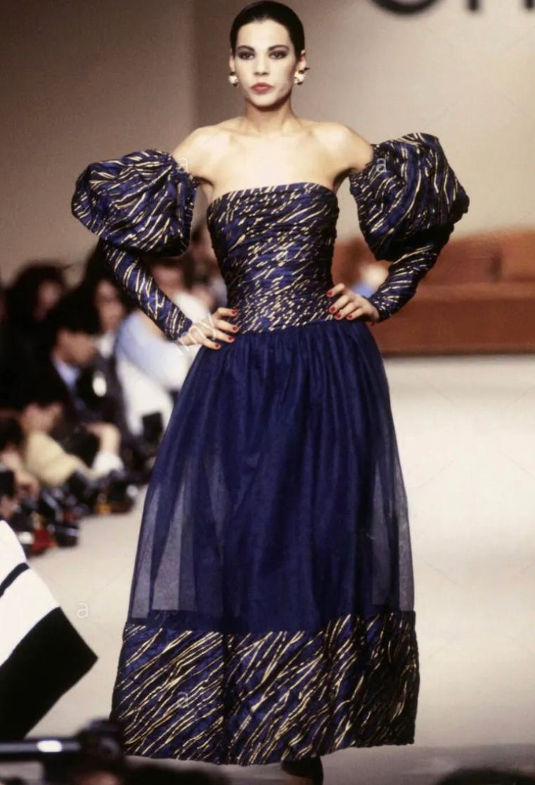 Very Rare Fall 1986 Chanel by Karl Lagerfeld Blue & Gold Strapless w Removable Sleeves
