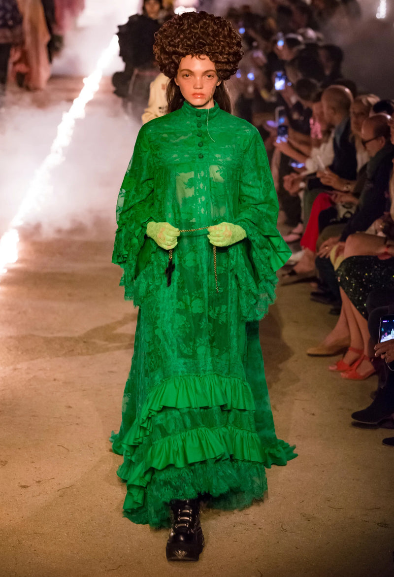 Remarkable Resort 2019 Gucci by Alessandro Michele Runway Look 9 Green Lace & Net Ruffle Dress w Train