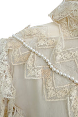 Incredibly Rare Fall 1979 Chloe by Karl Lagerfeld Couture Runway Ivory Chiffon & Lace Dress w pearl Details