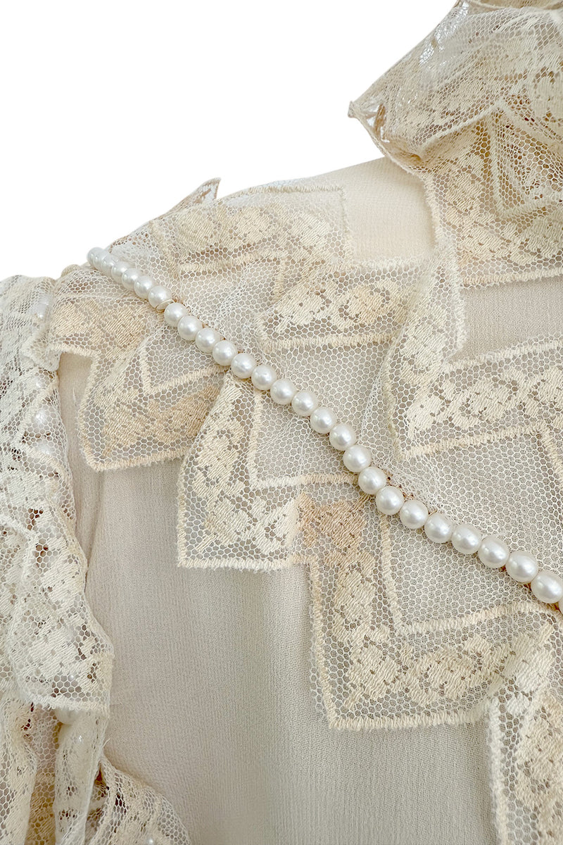Incredibly Rare Fall 1979 Chloe by Karl Lagerfeld Couture Runway Ivory Chiffon & Lace Dress w pearl Details
