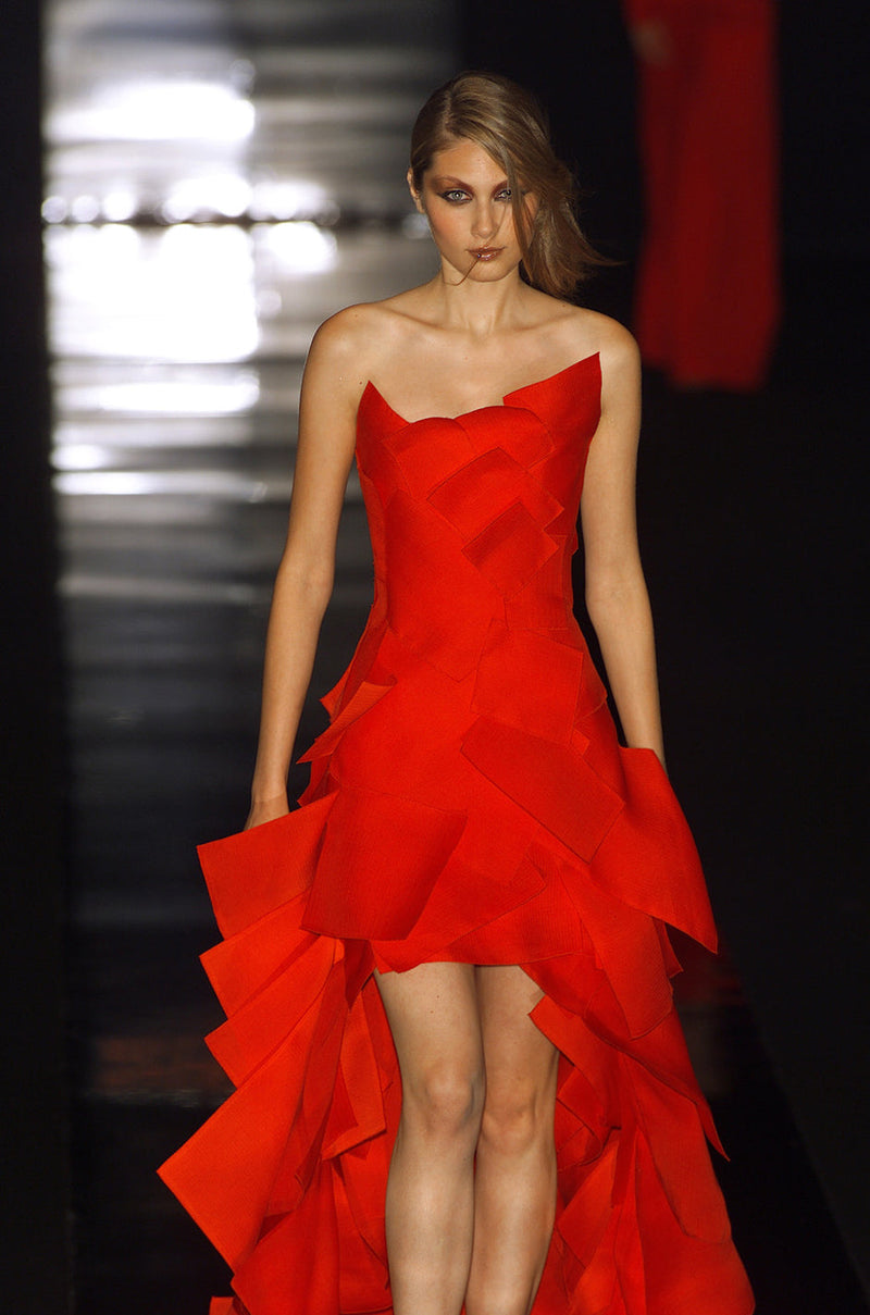 Fall 2001 Jean Louis Scherrer Haute Couture Original Runway Look 7 Sample Strapless Red Layered Panel Dress