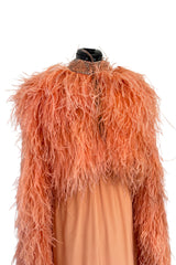 Documented 1960s Tiziani Couture by Karl Lagerfeld Peach Silk Plunge Dress w Matching Feather Cape