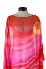 Incredible Spring 1978 Hanae Mori Brilliant Pink & Coral Sunset & Floral Caftan Dress & Cape Overlay