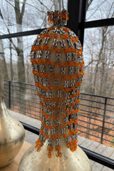 Ultra Rare 1990s Paco Rabanne Haute Couture Metallic Silver & Coral Dress w Chainlink Top & Headpiece