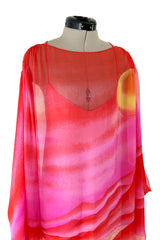 Incredible Spring 1978 Hanae Mori Brilliant Pink & Coral Sunset & Floral Caftan Dress & Cape Overlay