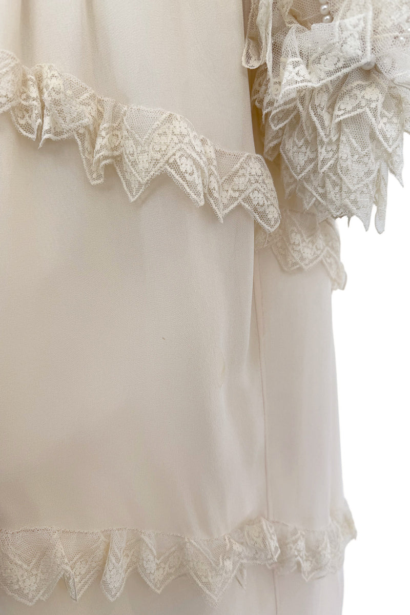 Incredibly Rare Fall 1979 Chloe by Karl Lagerfeld Couture Runway Ivory Chiffon & Lace Dress w pearl Details