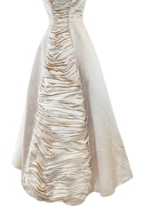 1950s Philip Hulitar Couture Strapless Gathered Front Champagne Ivory Silk Dress w Bow