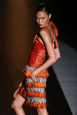 Iconic Spring 2011 Gucci by Frida Giannini Runway Look 41 Burnt Orange Silk Cord, Brass & Feather Dress