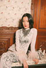 Resort 2018 Prada by Miuccia Ad Campaign & Runway Look 23 Pale Pink Tunic & Pant Set w Feather Cuffs
