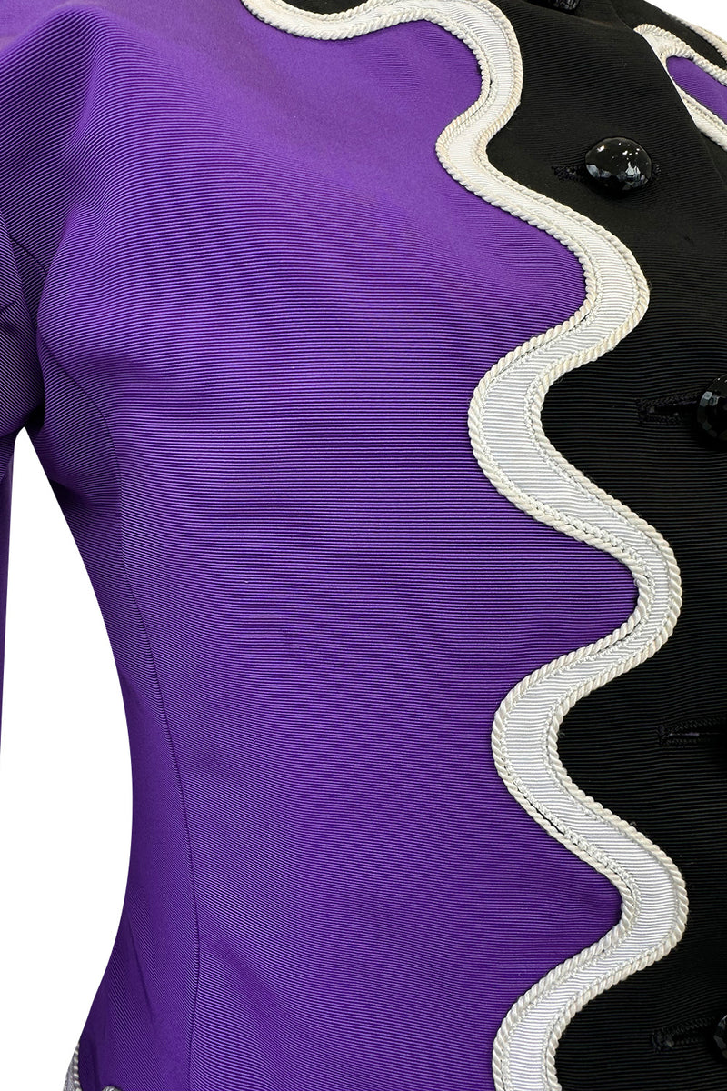 Spring 1980 Yves Saint Laurent  & Ad Campaign Runway Purple Dress & Jacket Set w B&W Detailing