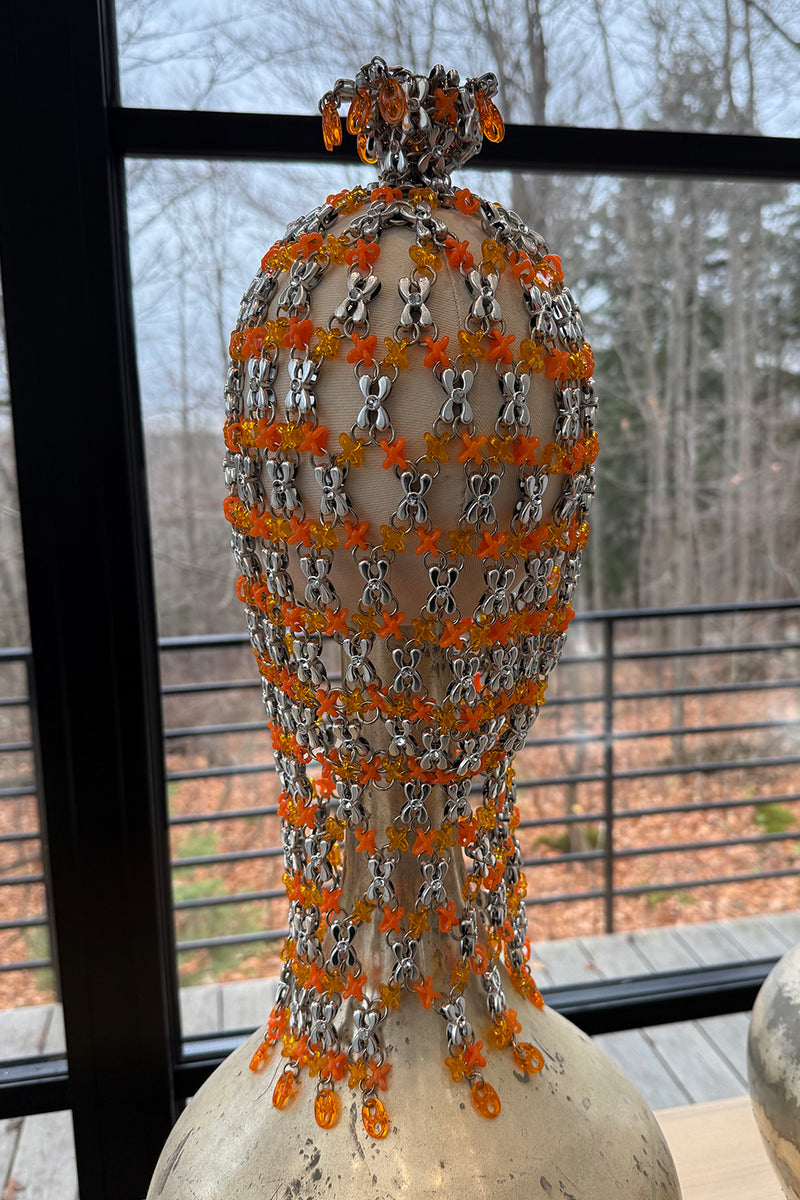 Ultra Rare 1990s Paco Rabanne Haute Couture Metallic Silver & Coral Dress w Chainlink Top & Headpiece