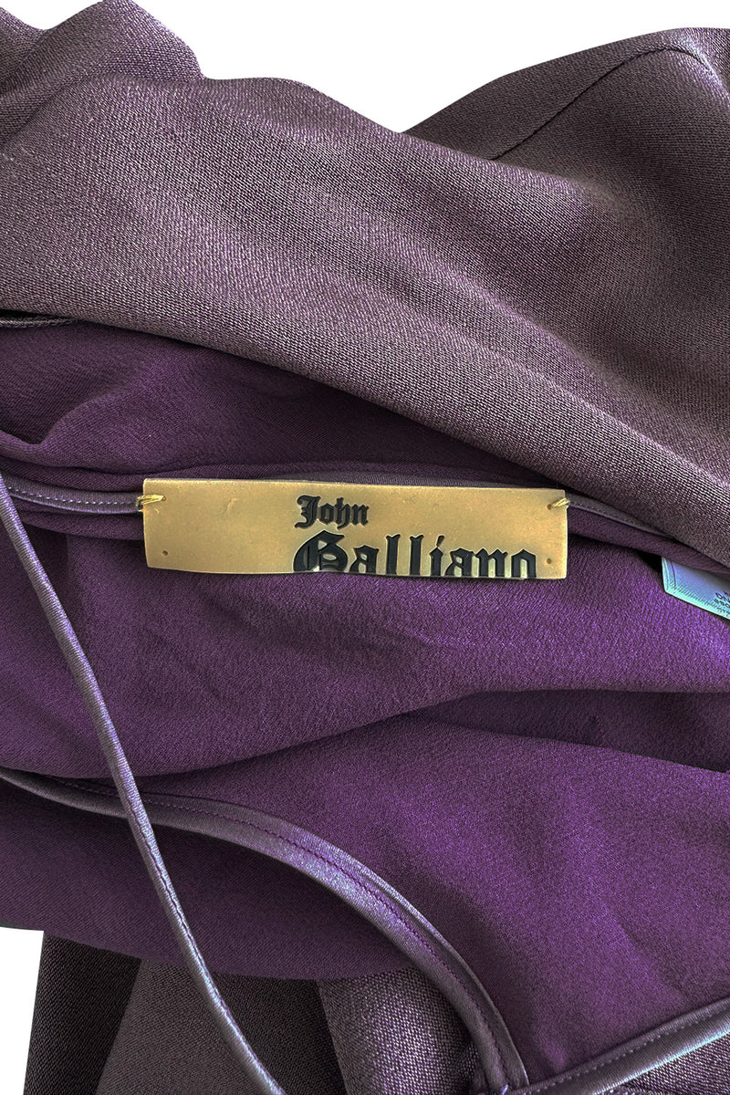 Gorgeous Fall 2003 John Galliano Bias Cut Deep Purple Silk Dress w Draped Arm Panels