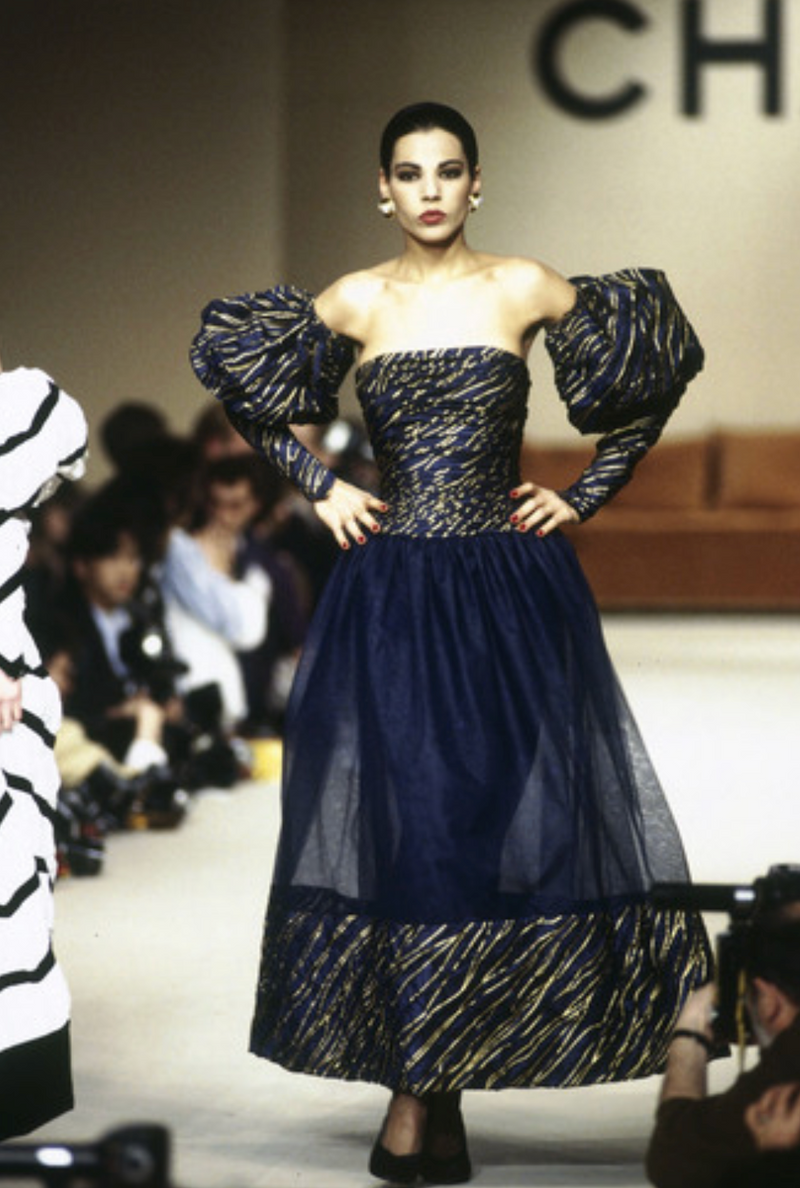 Very Rare Fall 1986 Chanel by Karl Lagerfeld Blue & Gold Strapless w Removable Sleeves