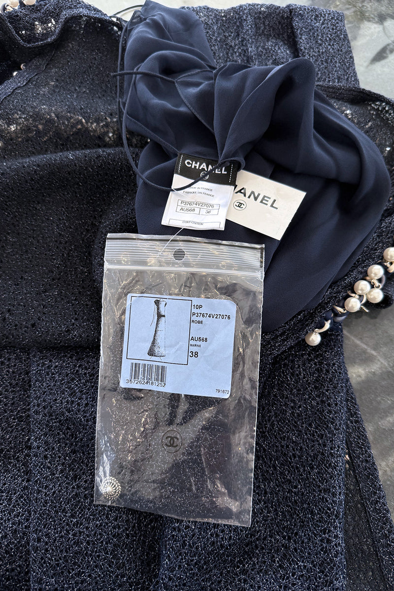 Phenomenal Fall 2010 Chanel by Karl Lagerfeld Deep Blue & Silver Metallic Knit Dress w Glass Pearl Detailing