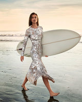 Spring 2018 Michael Kors Runway Look 72 Silver Sequin Dress on Nude Stretch Net w Asymmetrical Hem