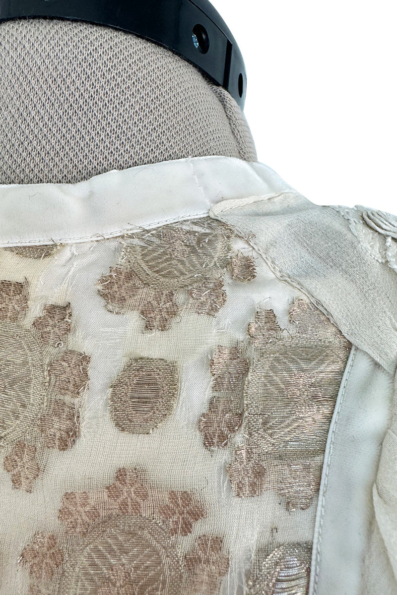 Rare 1969-75 Thea Porter Couture Embroidered Silk Organza & Gold Metallic Dress w Balloon Sleeves