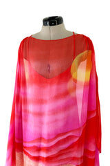Incredible Spring 1978 Hanae Mori Brilliant Pink & Coral Sunset & Floral Caftan Dress & Cape Overlay