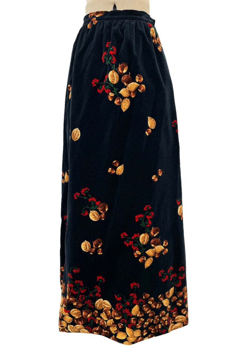 Incredible c. 1972 Original Valentino Three Piece Acorn Print Silk Top, Velvet Skirt & Jacket Set