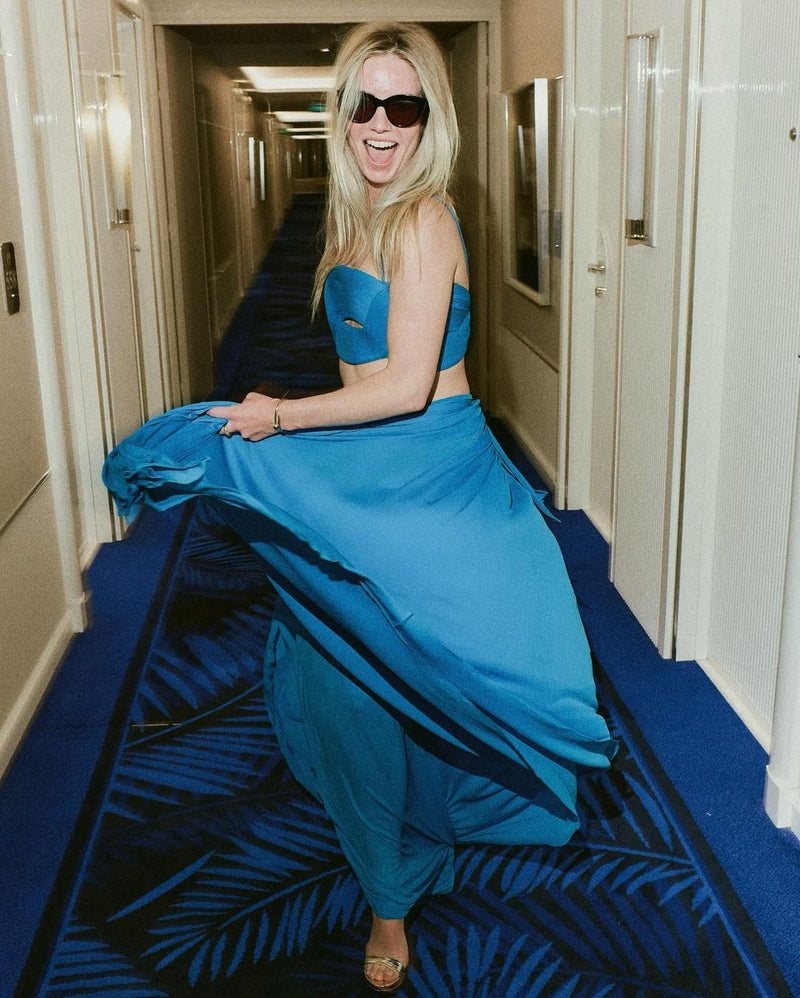 Exceptional Spring 1974 Madame Gres Haute Couture Unlabeled Documented Blue Silk Jersey Skirt & Top