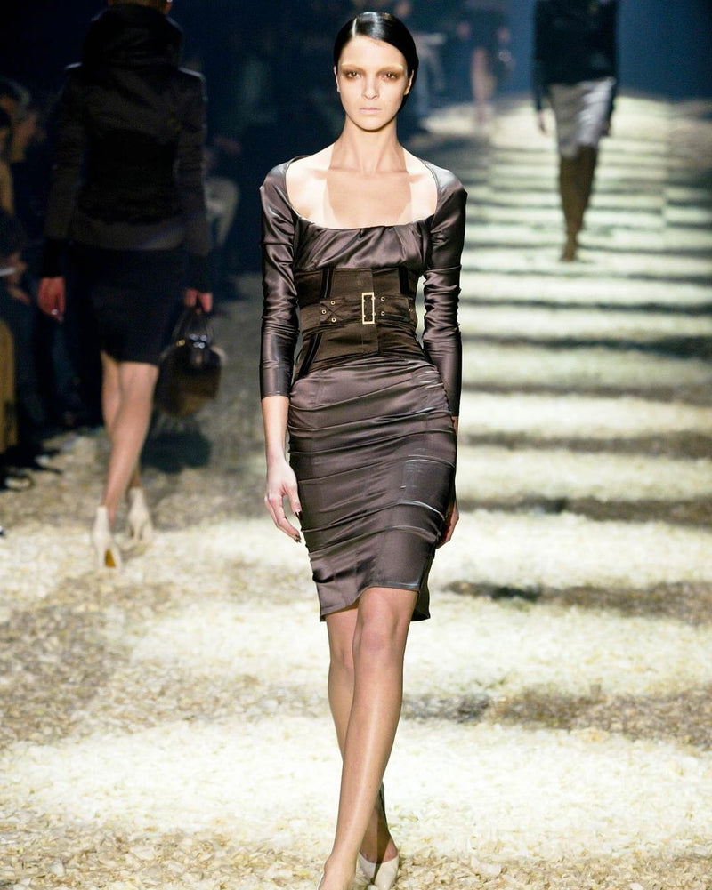 Important Fall 2003 Gucci by Tom Ford Runway Look 10 Stretch Silk Dress w Black Corset Waist Cincher Belt