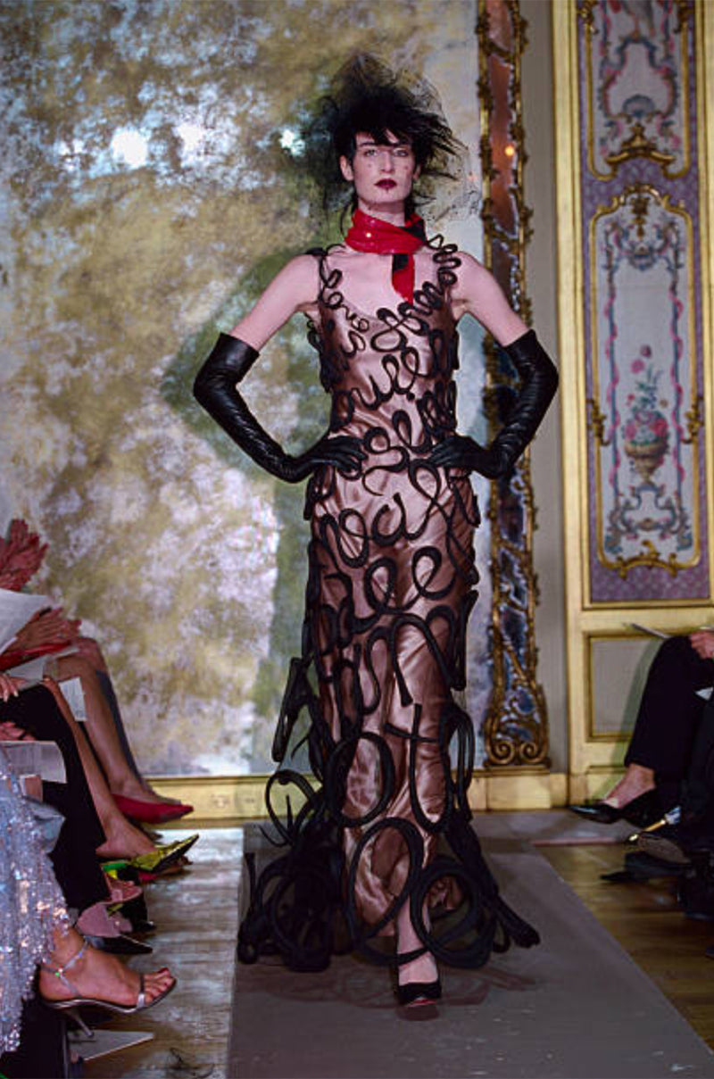 Exquisite Fall 2000 Jean Paul Gaultier Haute Couture Nude & Black Net 3D 'Script' Dress