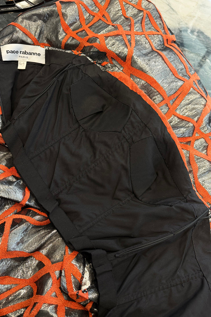 Ultra Rare 1990s Paco Rabanne Haute Couture Metallic Silver & Coral Dress w Chainlink Top & Headpiece