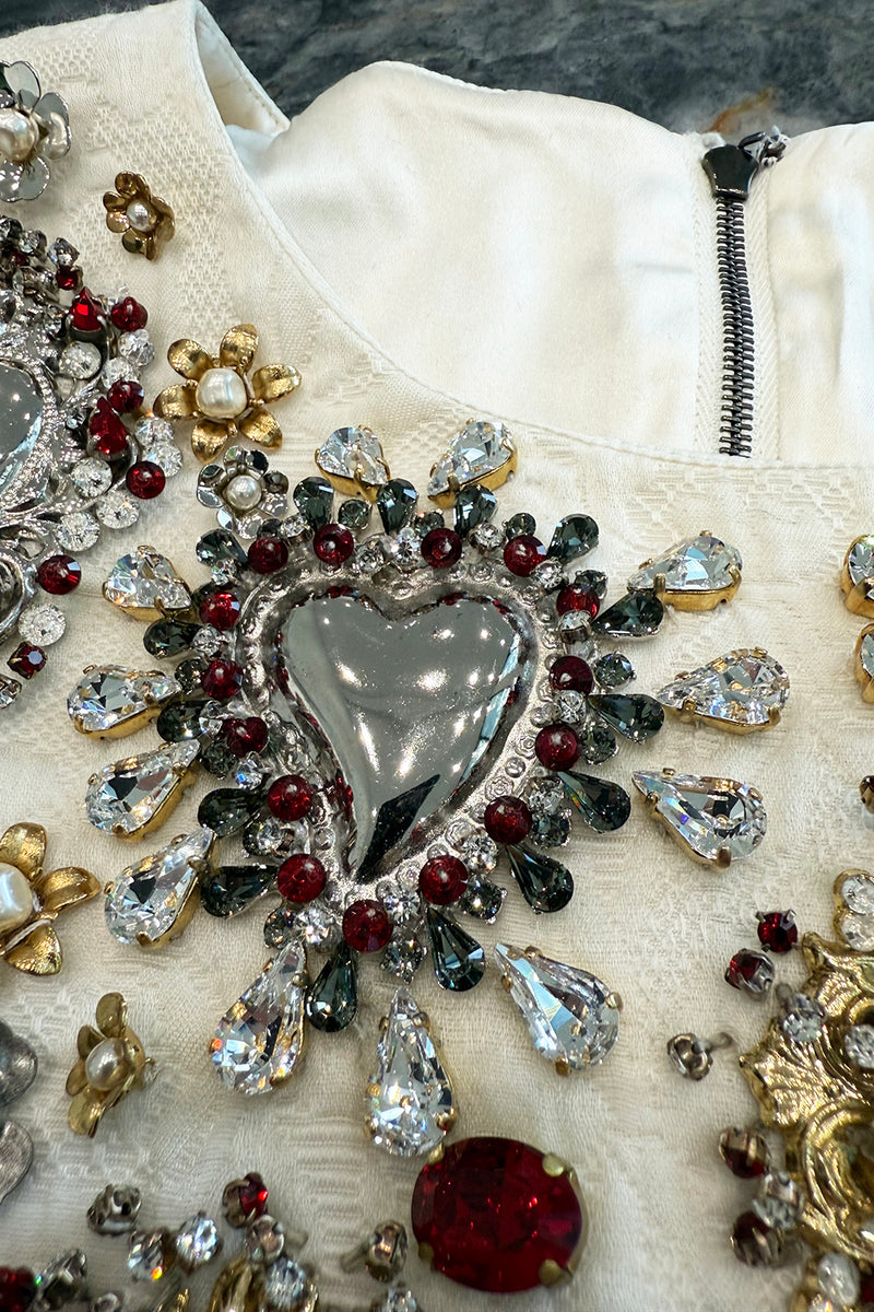 Spring 2015 Dolce & Gabbana Runway Look 48 Silk Brocade Mini Dress w Elaborate Front Embellishments